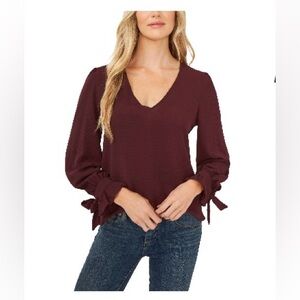 CeCe V-Neck, Tie Sleeve Burgundy Blouse